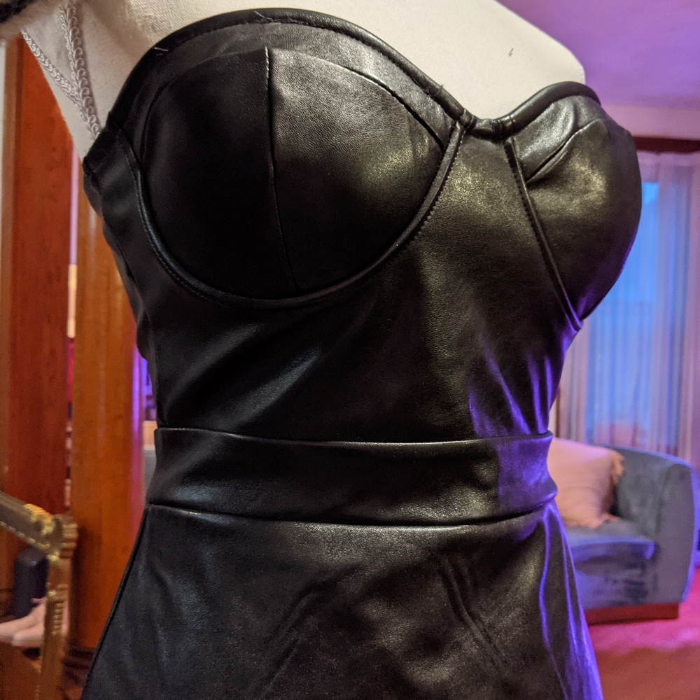 Black PVC faux leather strapless dress